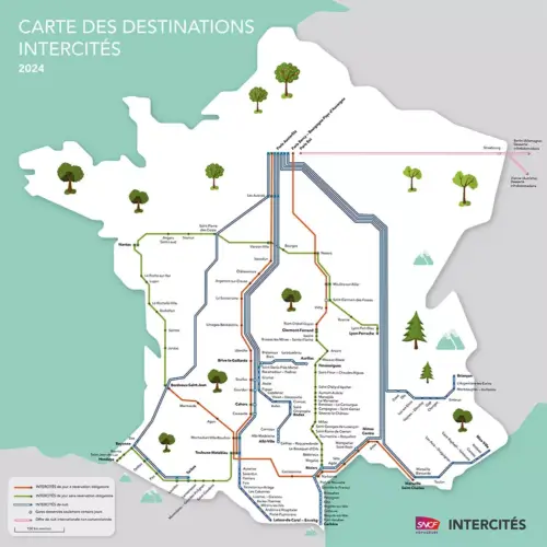Routes van de Intercités treinen